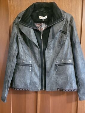 Washable Grey Faux Leather Women's Moto Western Jacket with Knit Collar